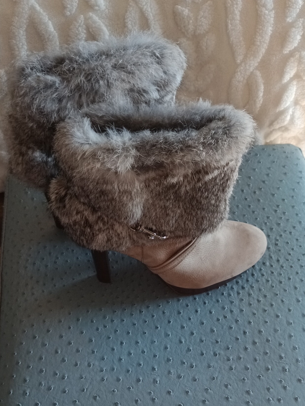 Coach Taupe Faux Fur Cuff High Heel Ankle Boots
